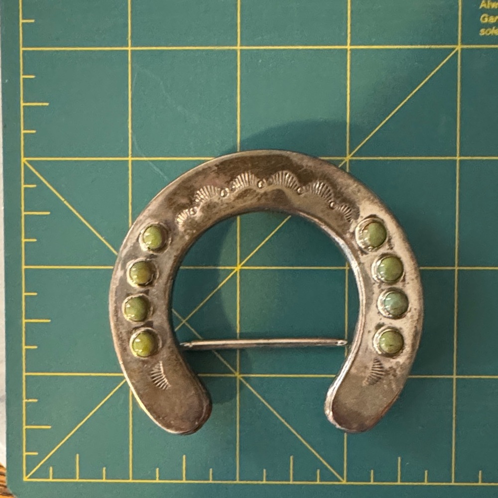 Horseshoe Sterling Silver Belt Buckle with Green Turquoise Accents - Picture 2 of 7